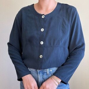 Vintage Womens 80s 100% Silk Navy Blue Minimalist Tunic Lightweight Blouse Sz M